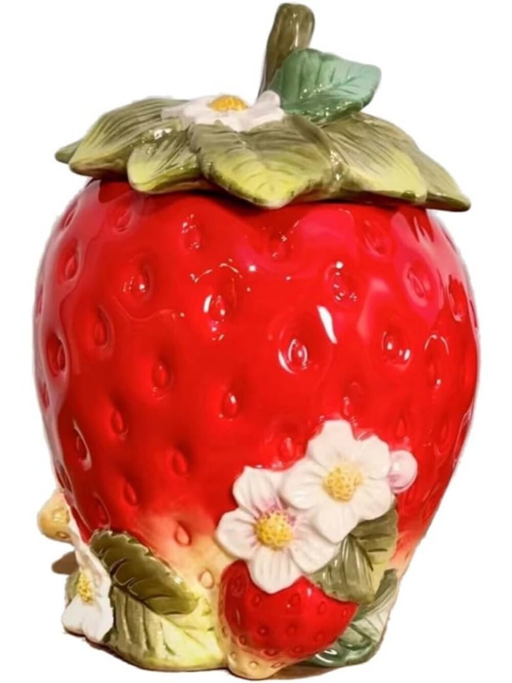 Charming Strawberry Cookie Jar with Floral Design - 7.8" Decorative Kitchen